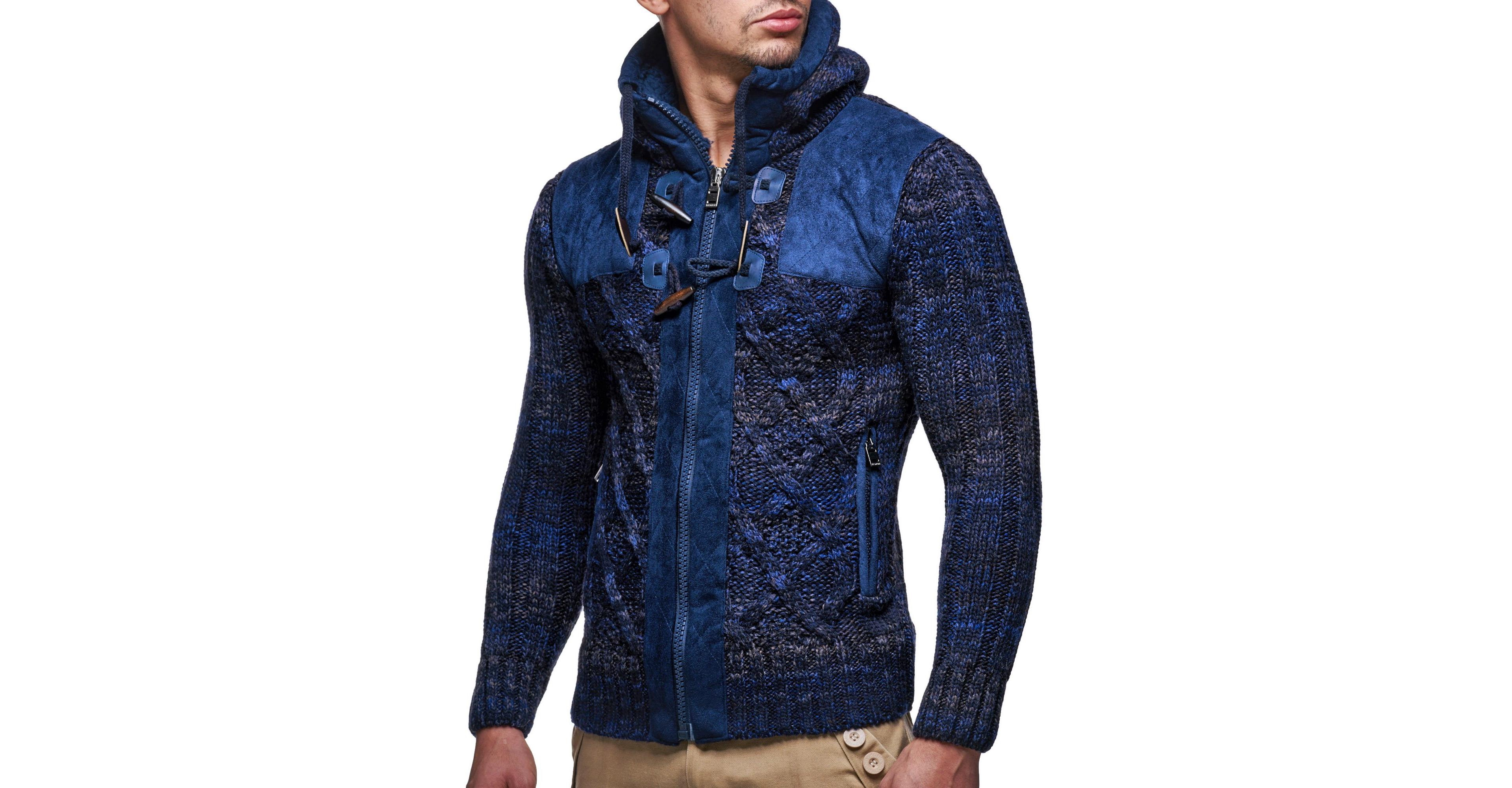 Leif Nelson Men's Knit Zip-up Jacket With Geometric Patterns and Leather Accents