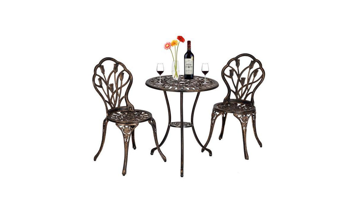 Slickblue European StyleCast Aluminum 3-Piece Tulip Bistro Set with Table and Chairs for Outdoor Dining - Bronze