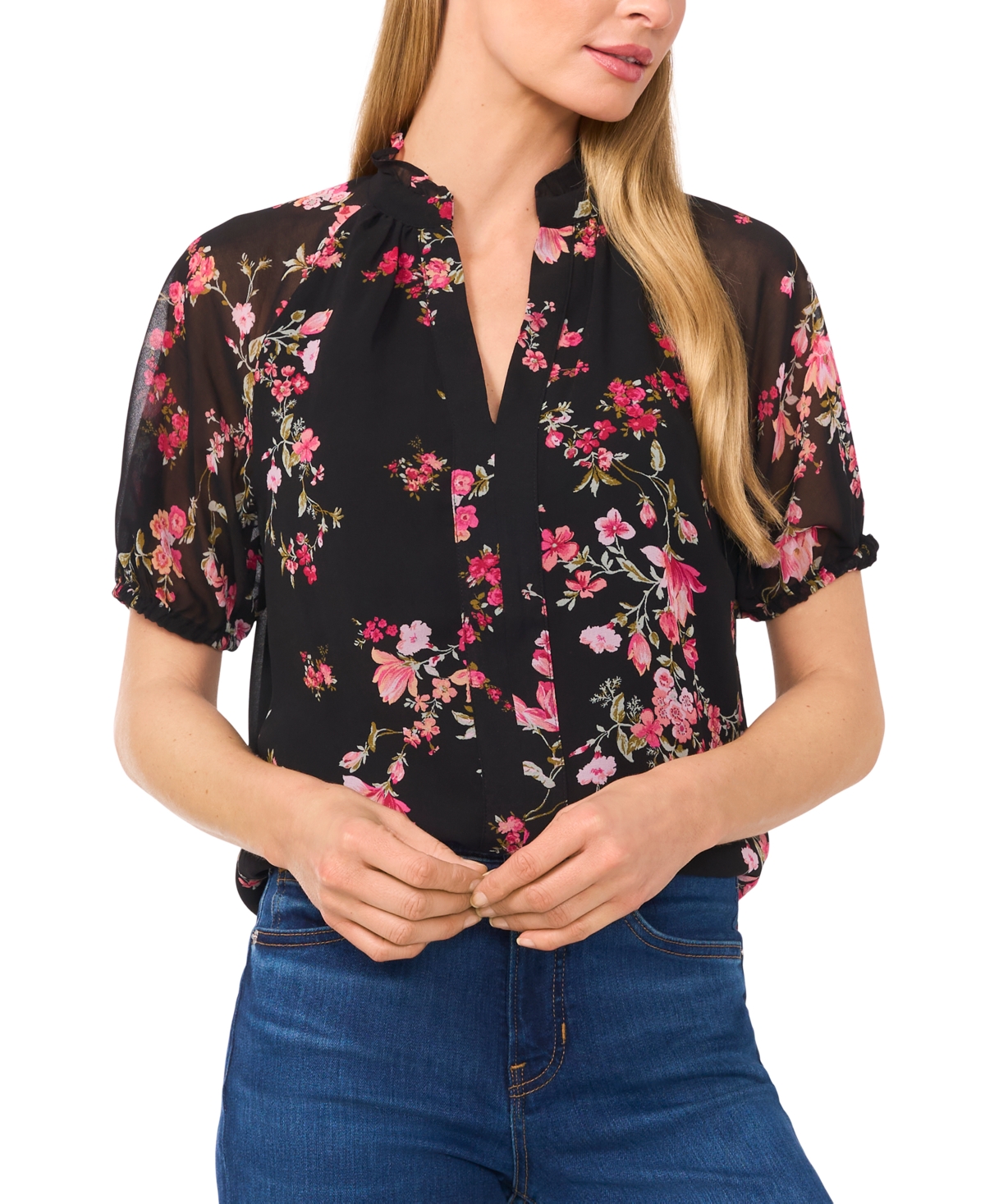 Cece Women's Puff-sleeve Floral Blouse In Rich Black