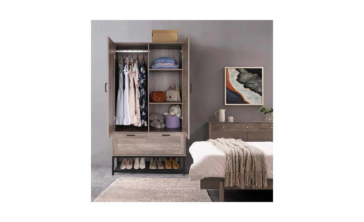 Slickblue Fch Mdf & Particleboard Triamine Veneer 2 Doors 1 Pump Wooden Wardrobe Grey