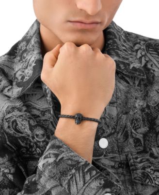 Men's Elite Skull Black Leather Bracelet in Black Ion-Plated Stainless Steel