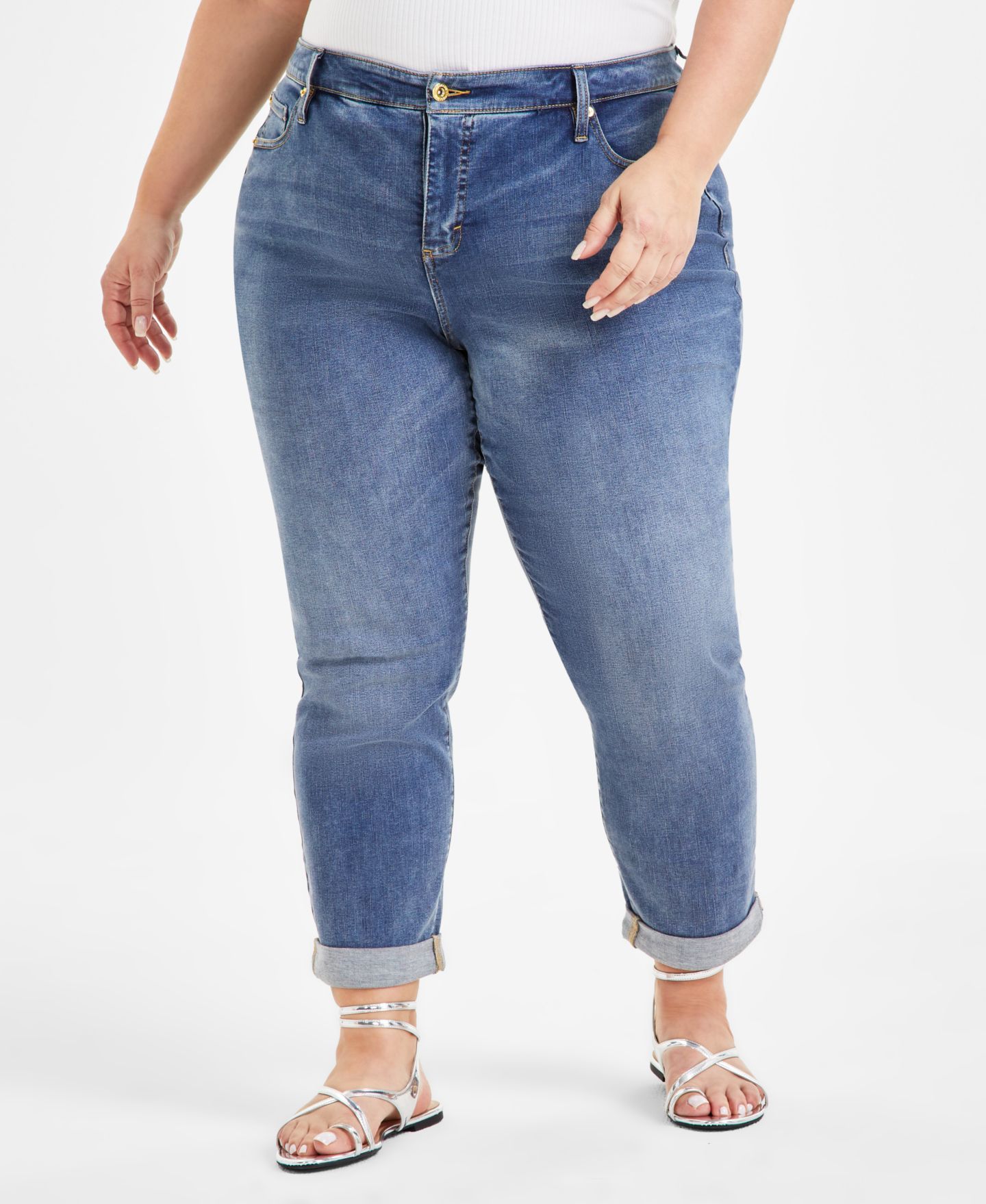 Женские джинсы I.N.C. International Concepts Plus Size Slim Tech Rolled-Cuff Boyfriend, цвет: Средний индиго — фото 2