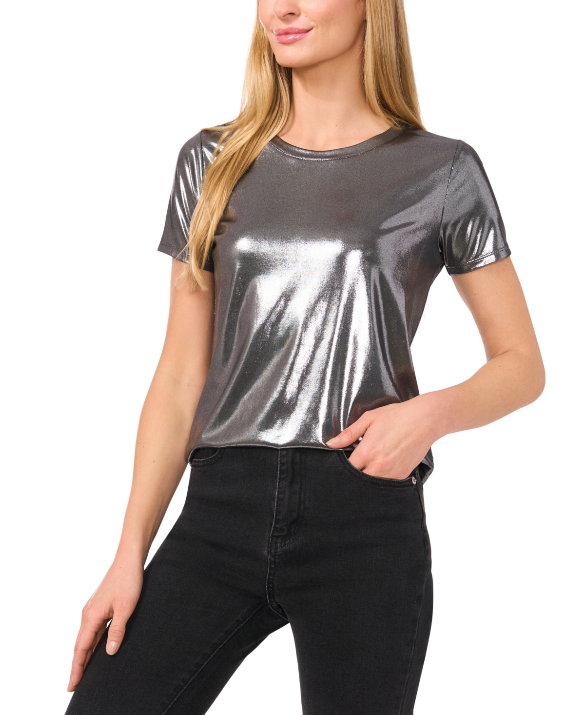 Women's Metallic Shine Short Sleeve T-Shirt - Gunmetal