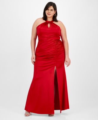 Emerald Sundae - Plus Size Sateen Shirred Halter Gown