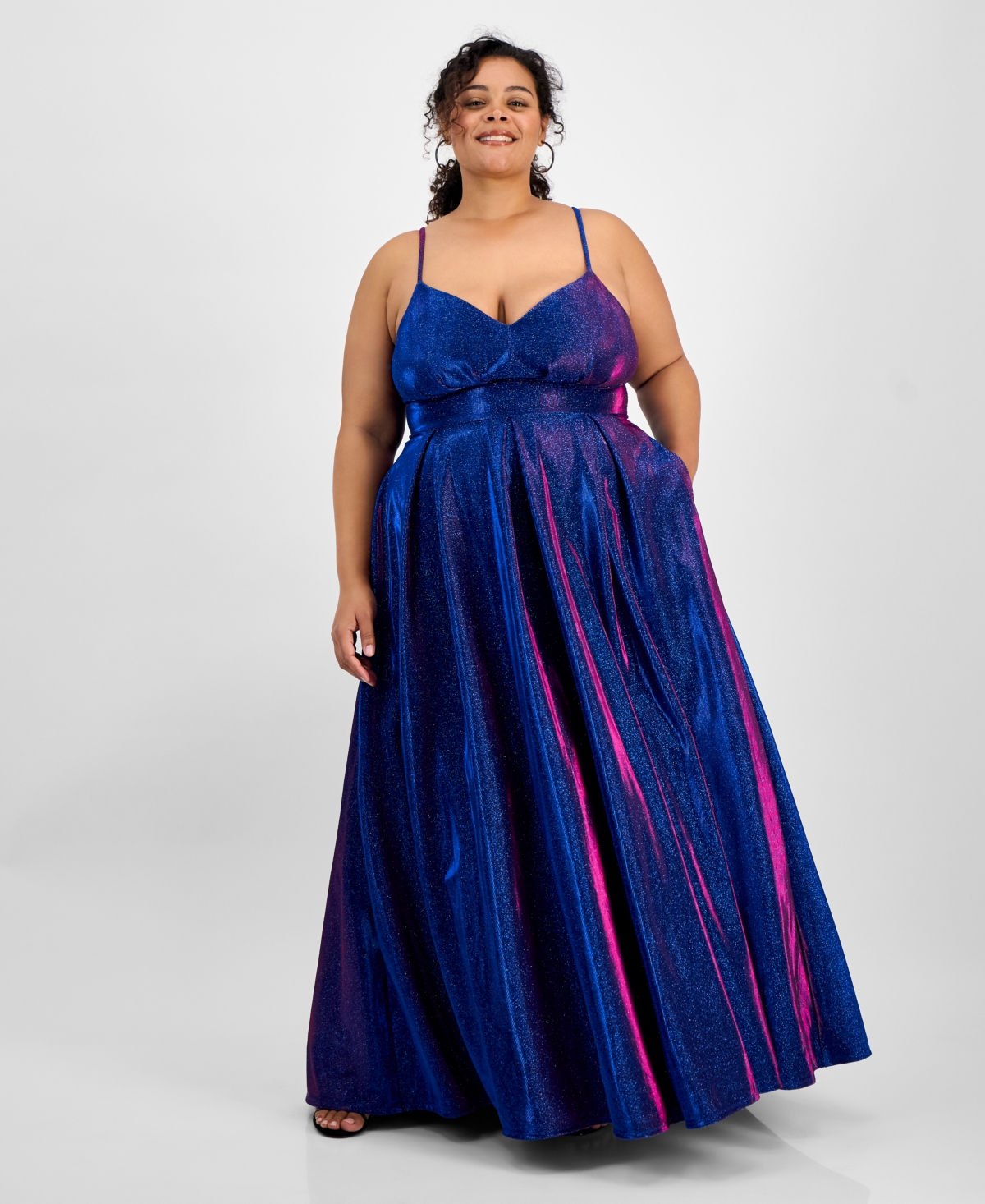 B Darlin Trendy Plus Size V-neck Sleeveless Glitter Ball Gown In Brightblue