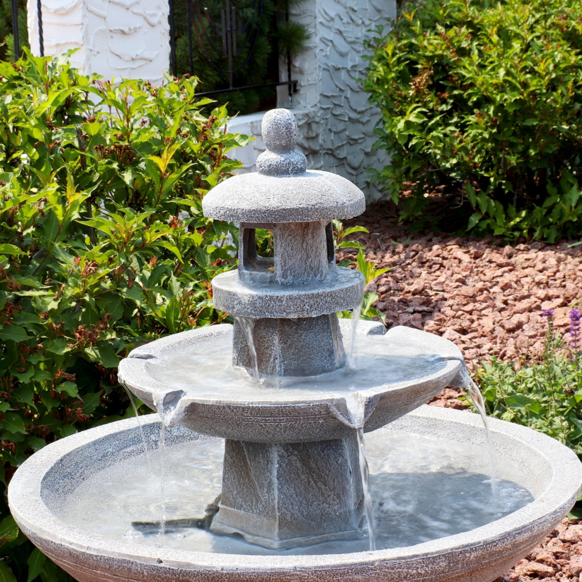 Sunnydaze Decor Pagoda Polyresin Outdoor 2-Tier Water Fountain with Lights