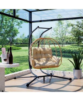 Outdoor 2-Person Hanging Wicker Double Egg Porch Swing Chair with Stand and Beige Cushion