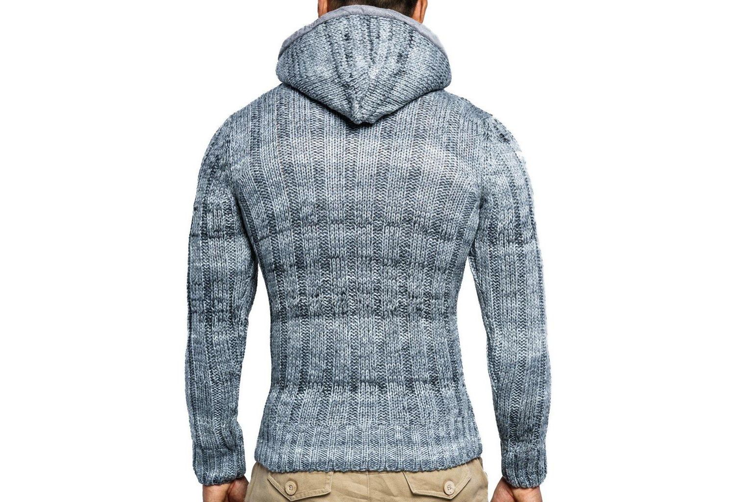 Men's Knit Zip-up Jacket With Geometric Patterns and Leather Accents