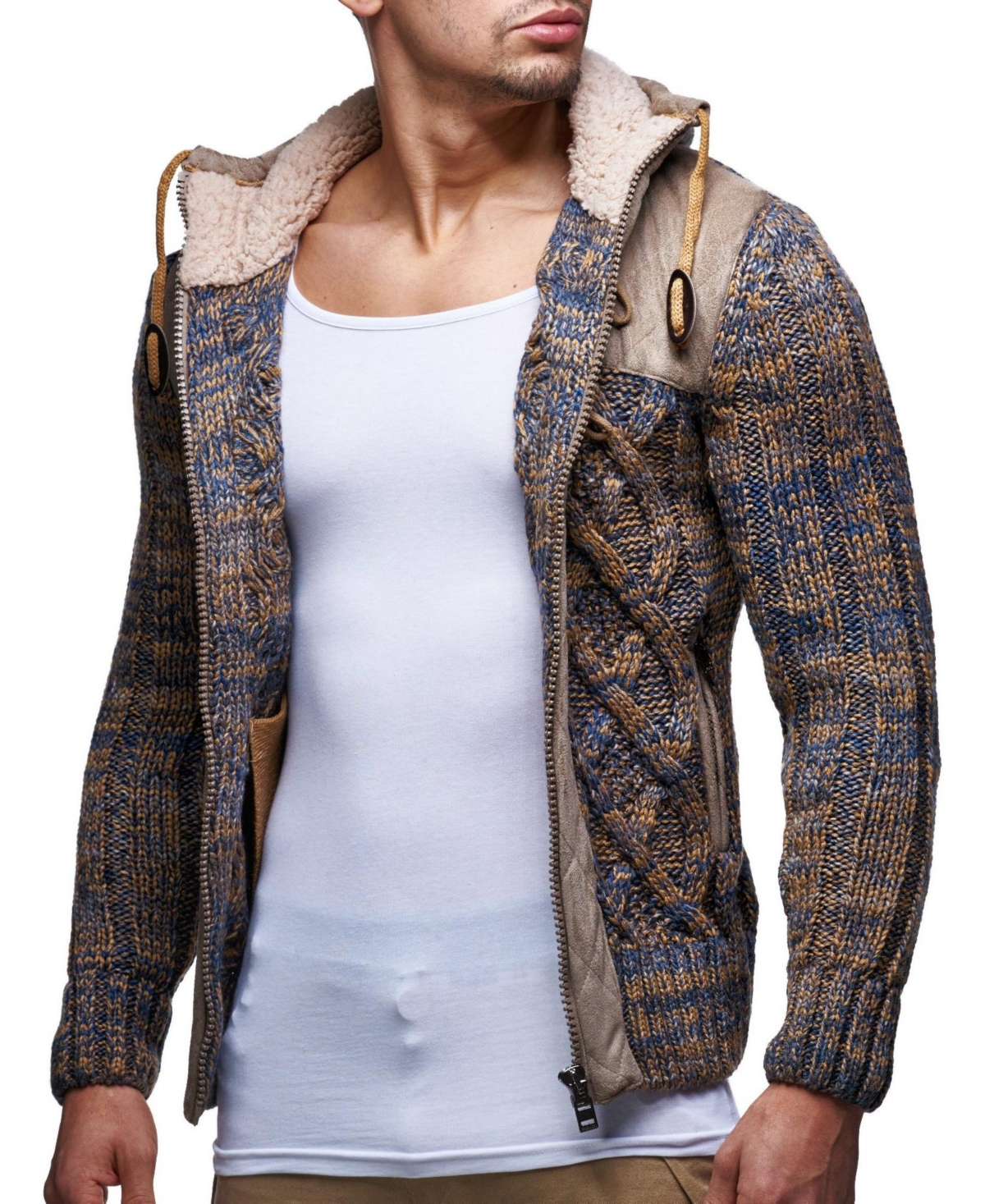 Leif Nelson Men's Knit Zip-up Jacket With Geometric Patterns and Leather Accents