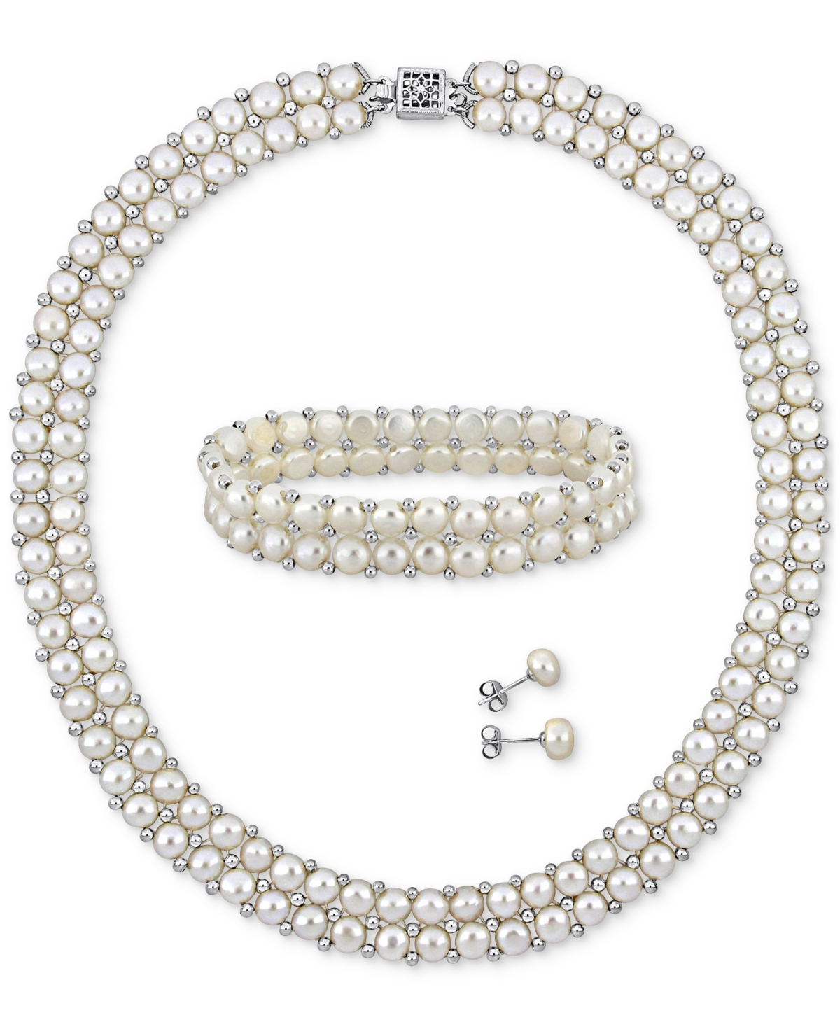 MACY'S CULTURED FRESHWATER PEARL (6-8MM) 3-PC. SET DOUBLE ROW STRAND NECKLACE, STRETCH BRACELET & STUD EARR 