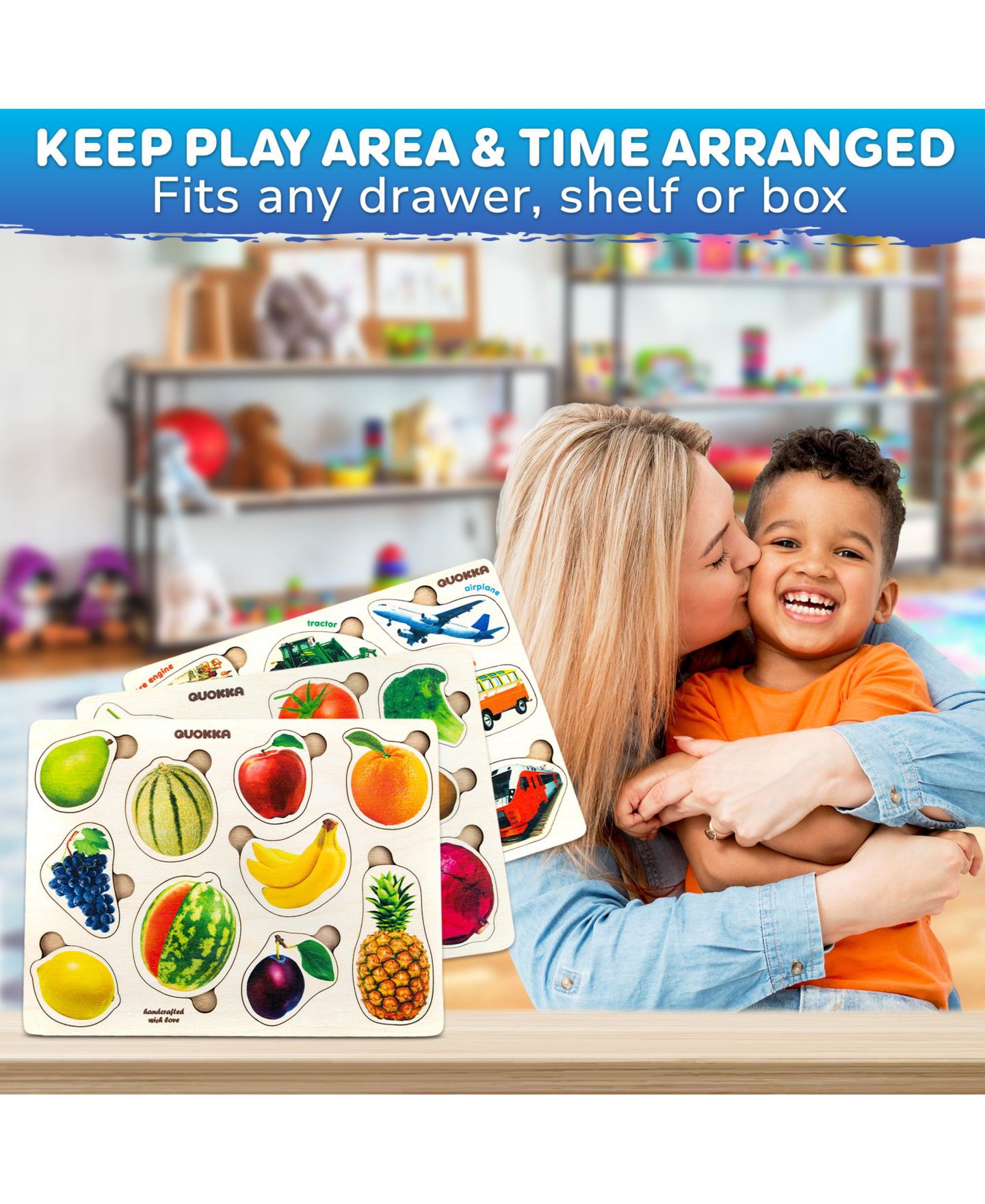 Детские игрушки Quokka Montessori Toy Wooden Puzzles, 3-Piece Set, Ages 1+, цвет: Fruits, Cars And Vegetables — фото 4