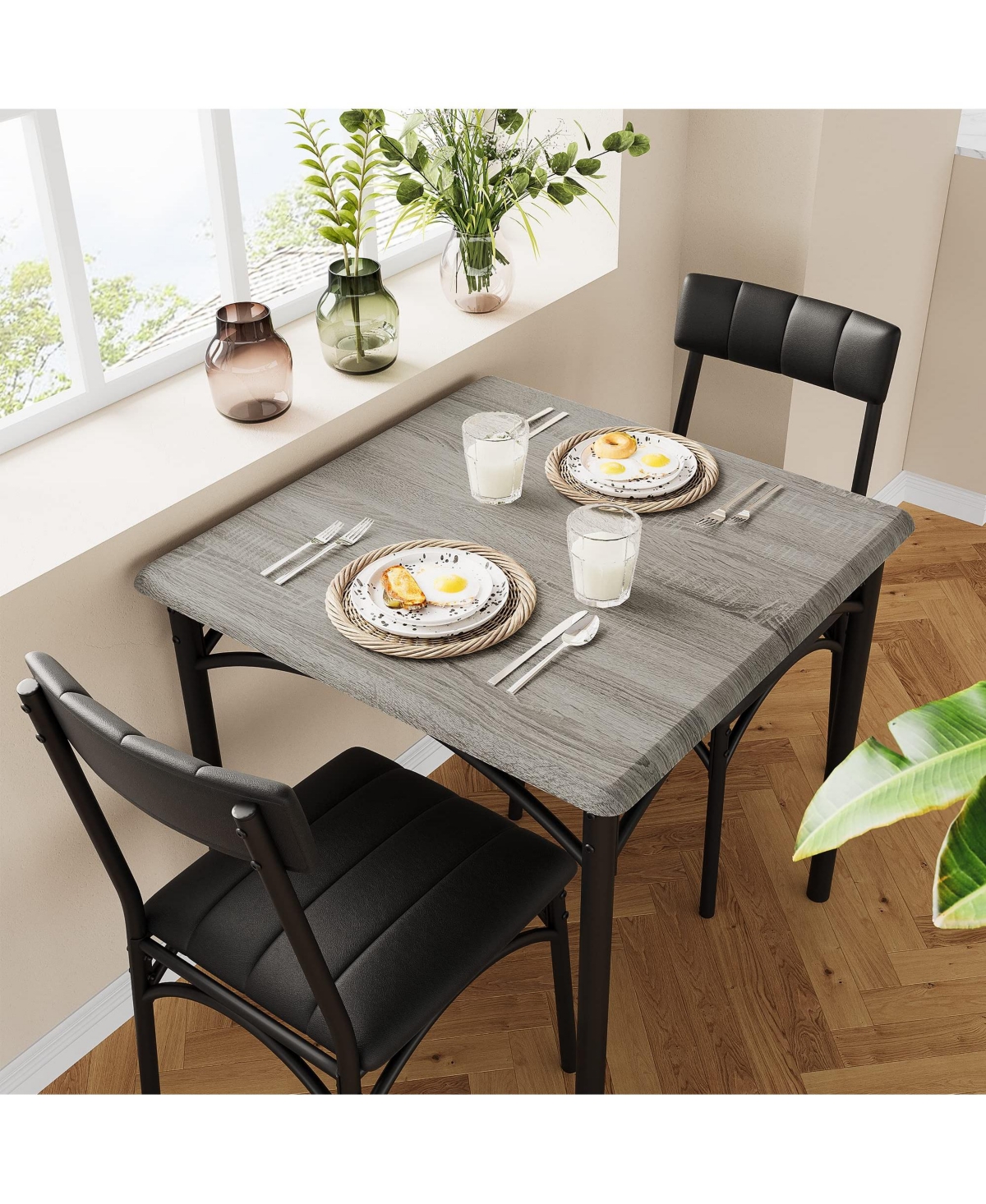 gaomon Dining Table Set, Kitchen Table and Chairs for 2, with 2 Upholstered Chairs, 3 Piece Dining Table Set,Rustic- Grey