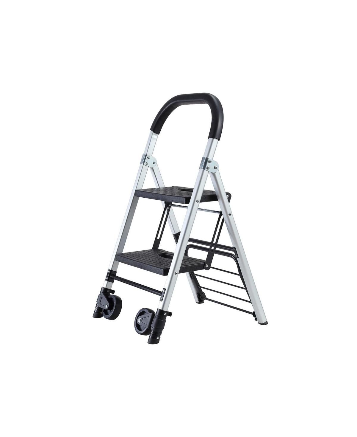 Portable 4 in. 2 Step Ladder Folding Step Stool, Folding Dual-Purpose Stair Car Tpr Wheels Load Capacity 265 lbs. - Black