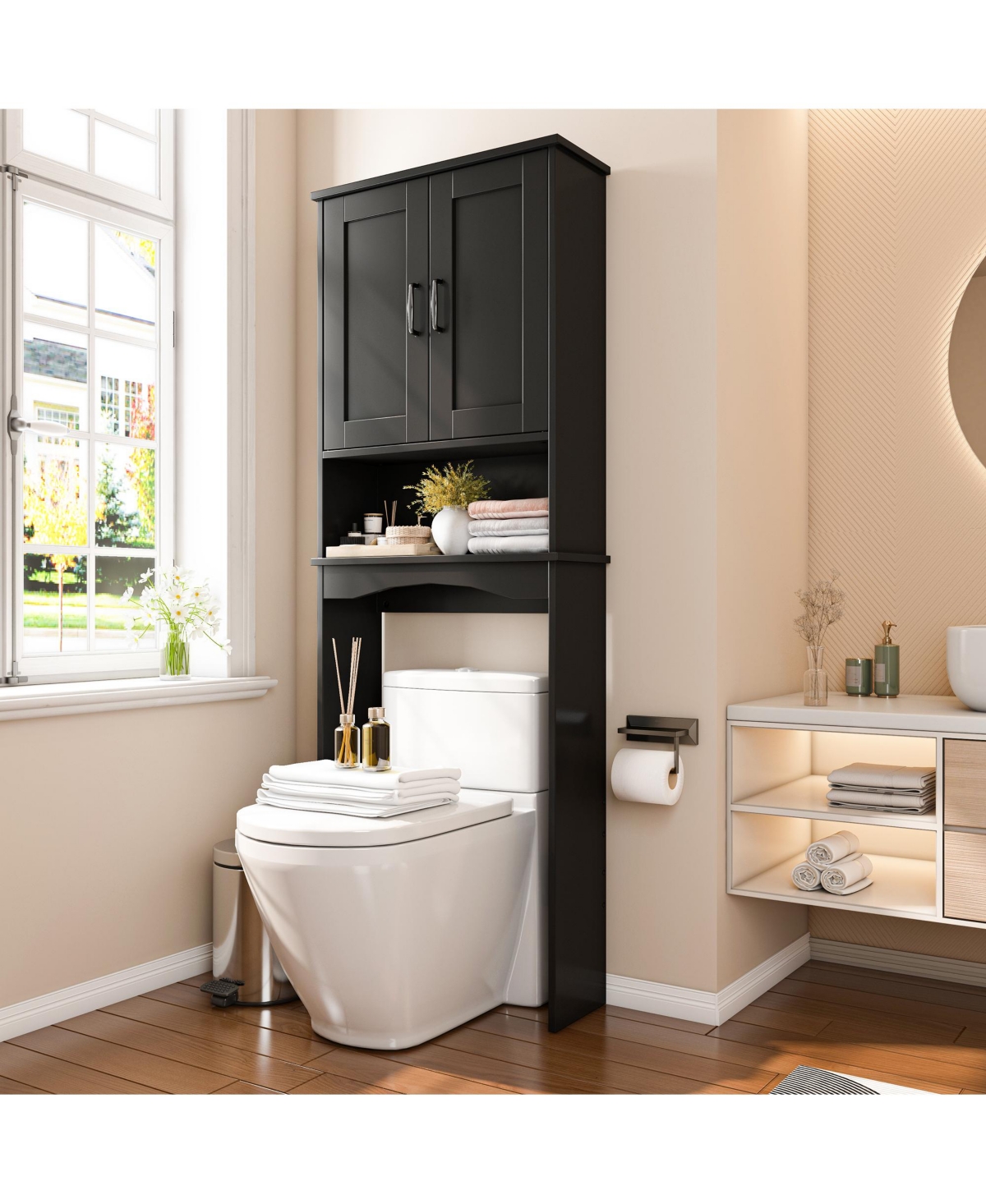 Lovmor Shaker 23.6 in. W x 65 H 8.25 D Over The Toilet Storage with Doors & Open Shelves