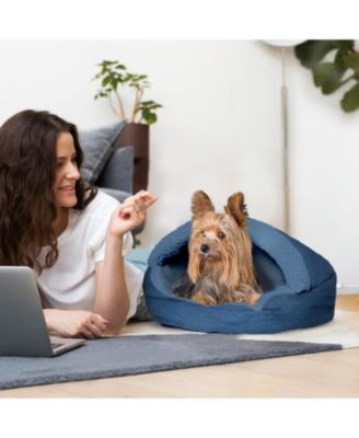 Pet Cave Bed, Calming Hooded Dog Bed with Pouch for Small Dogs and Cats, Herringbone Canvas Fleece Deep Dish