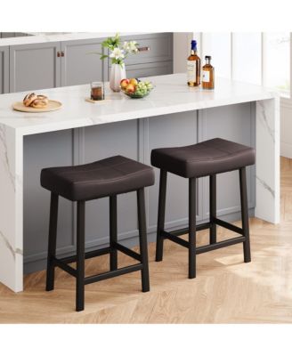 Set of 2 Ergonomic 24" Counter Height Bar Stools with Curved PU Leather Seat, Metal Frame, Integrated Footrest, Supports 240 lbs