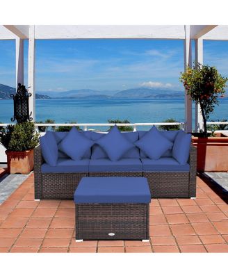 4 Pieces Ottoman Garden Patio Rattan Wicker Furniture Set with Cushion-Navy