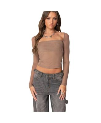 Women's Long Sleeve Square Neck Mesh Top