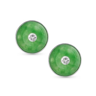 Round Disc CZ Accent Green Dyed Jade Clip On Earrings Sterling Silver Non Pierced