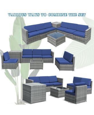 8 Piece Wicker Sofa Rattan Dinning Set Patio Furniture with Storage Table-Navy