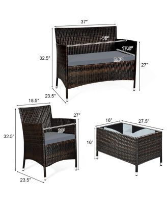 4 Pieces Comfortable Outdoor Rattan Sofa Set with Glass Coffee Table-Gray