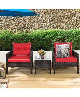3 Pcs Outdoor Patio Rattan Conversation Set with Seat Cushions-Red