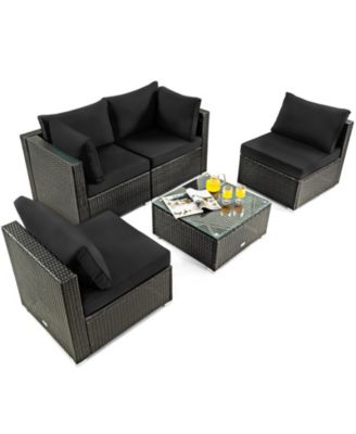 5 Pieces Cushioned Patio Rattan Furniture Set with Glass Table-Black