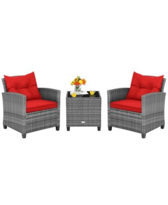 3 Pieces Outdoor Wicker Conversation Set with Tempered Glass Tabletop-Red