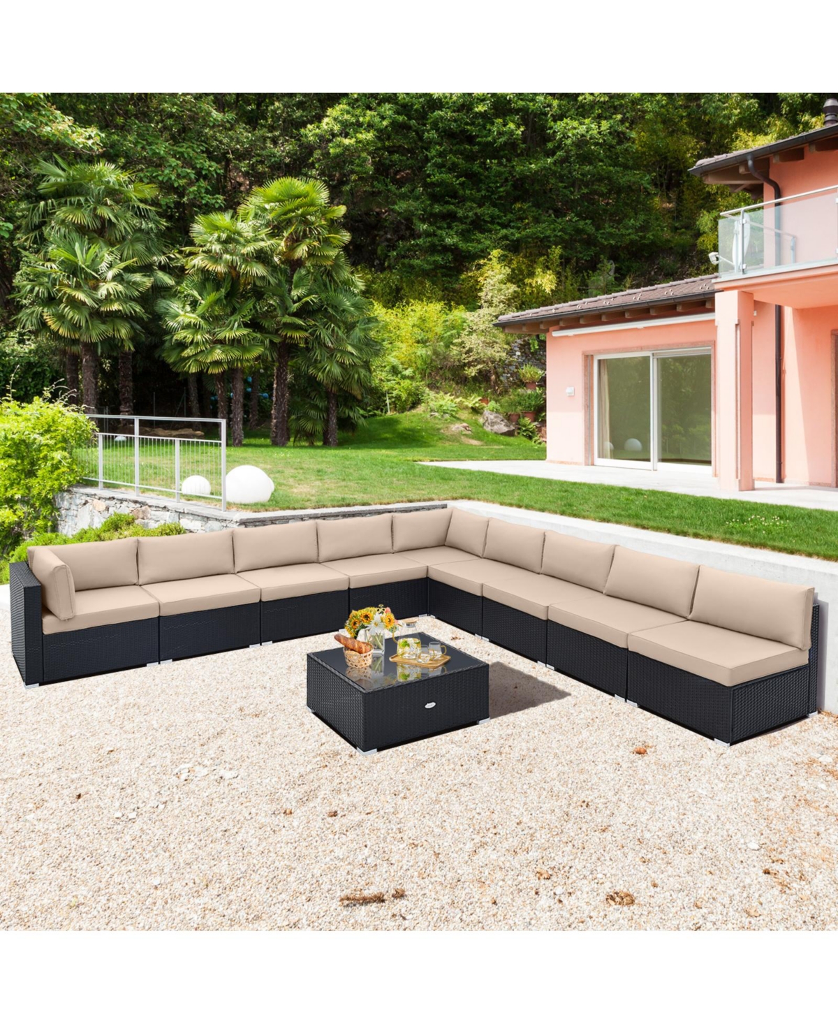 Sugift 10 Piece Outdoor Wicker Conversation Set with Seat and Back Cushions-Beige