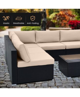 10 Piece Outdoor Wicker Conversation Set with Seat and Back Cushions-Beige