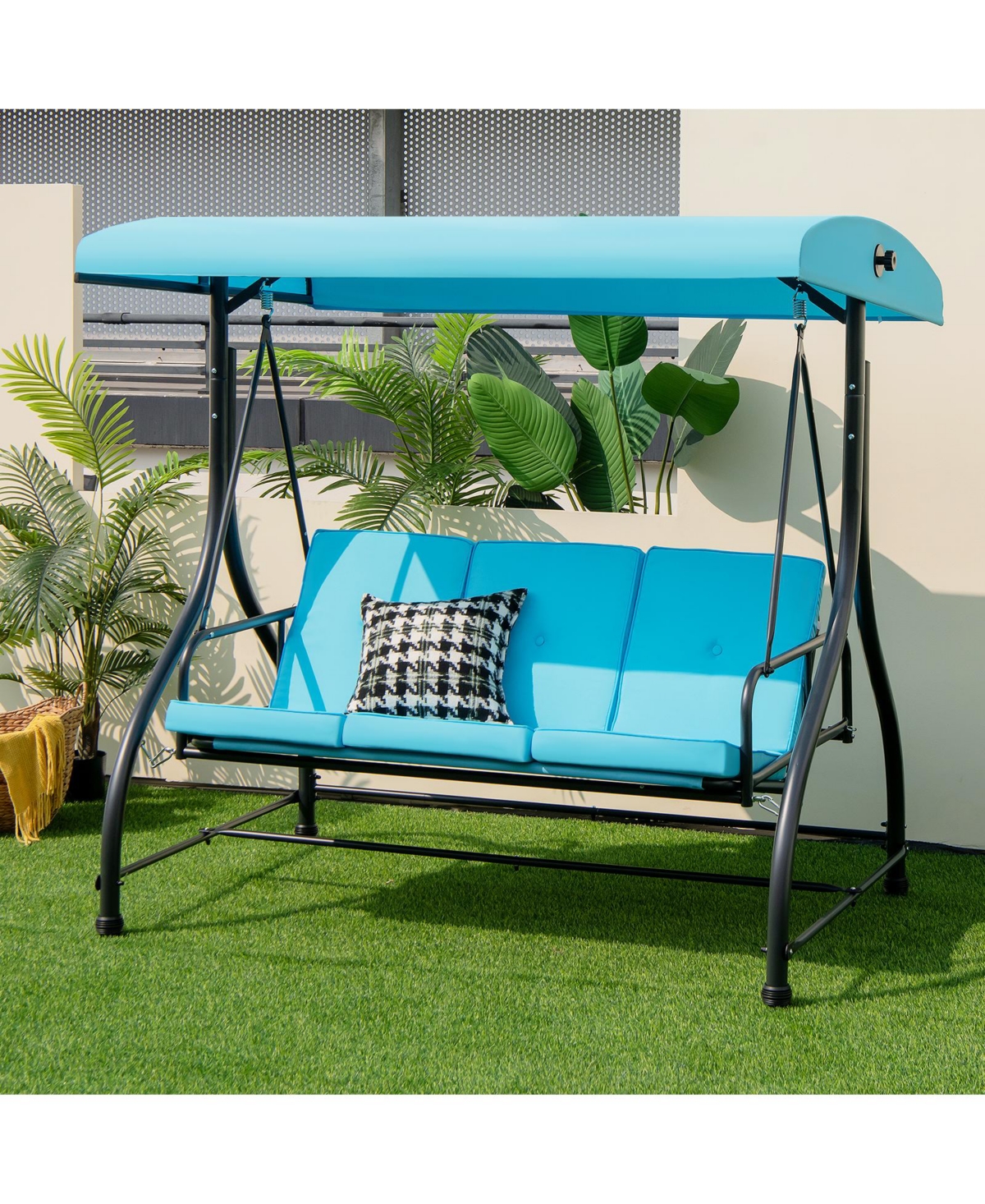 Sugift 3 Seat Outdoor Porch Swing with Adjustable Canopy-Blue