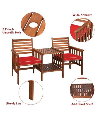 3 pcs Outdoor Patio Table Chairs Set Acacia Wood Loveseat-Red