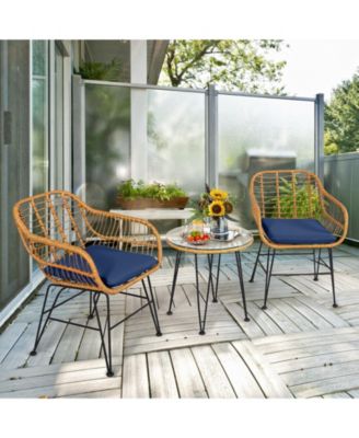 3 Pieces Rattan Furniture Set with Cushioned Chair Table-Navy