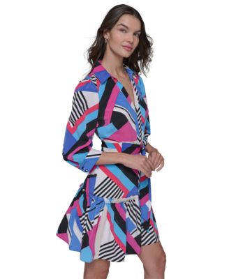 KARL LAGERFELD PARIS Women's Geo-Print Tie-Waist 3/4-Sleeve