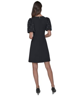 Women's Scuba Crepe Sheath with Neckline Pearl Bow Details Dress