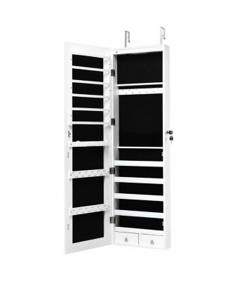 Wall and Door Mounted Mirrored Jewelry Cabinet with Lights-White
