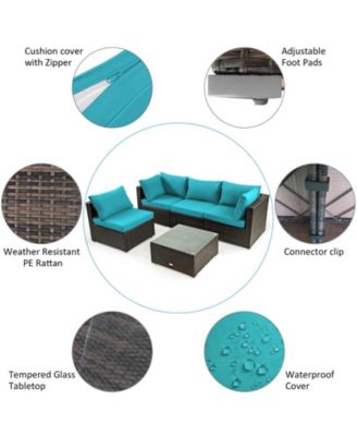 5 Pieces Cushioned Patio Rattan Furniture Set with Glass Table-Turquoise