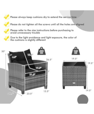 3 Pieces Outdoor Wicker Conversation Set with Tempered Glass Tabletop-Black