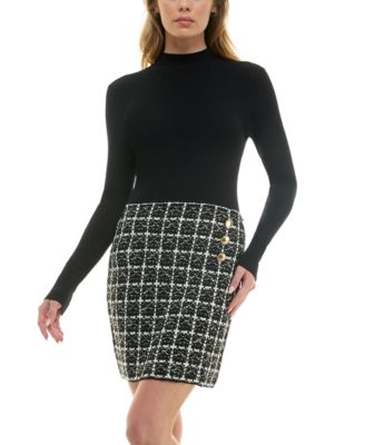 Juniors' Combo Tweed-Skirt Long-Sleeve Sweater Dress