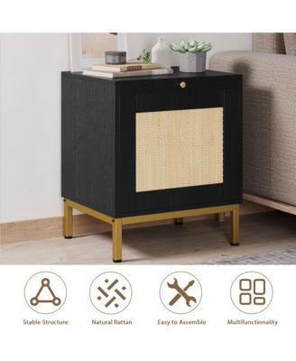 Rattan End Table - Set of 1, Wood Nightstand with Storage Shelf