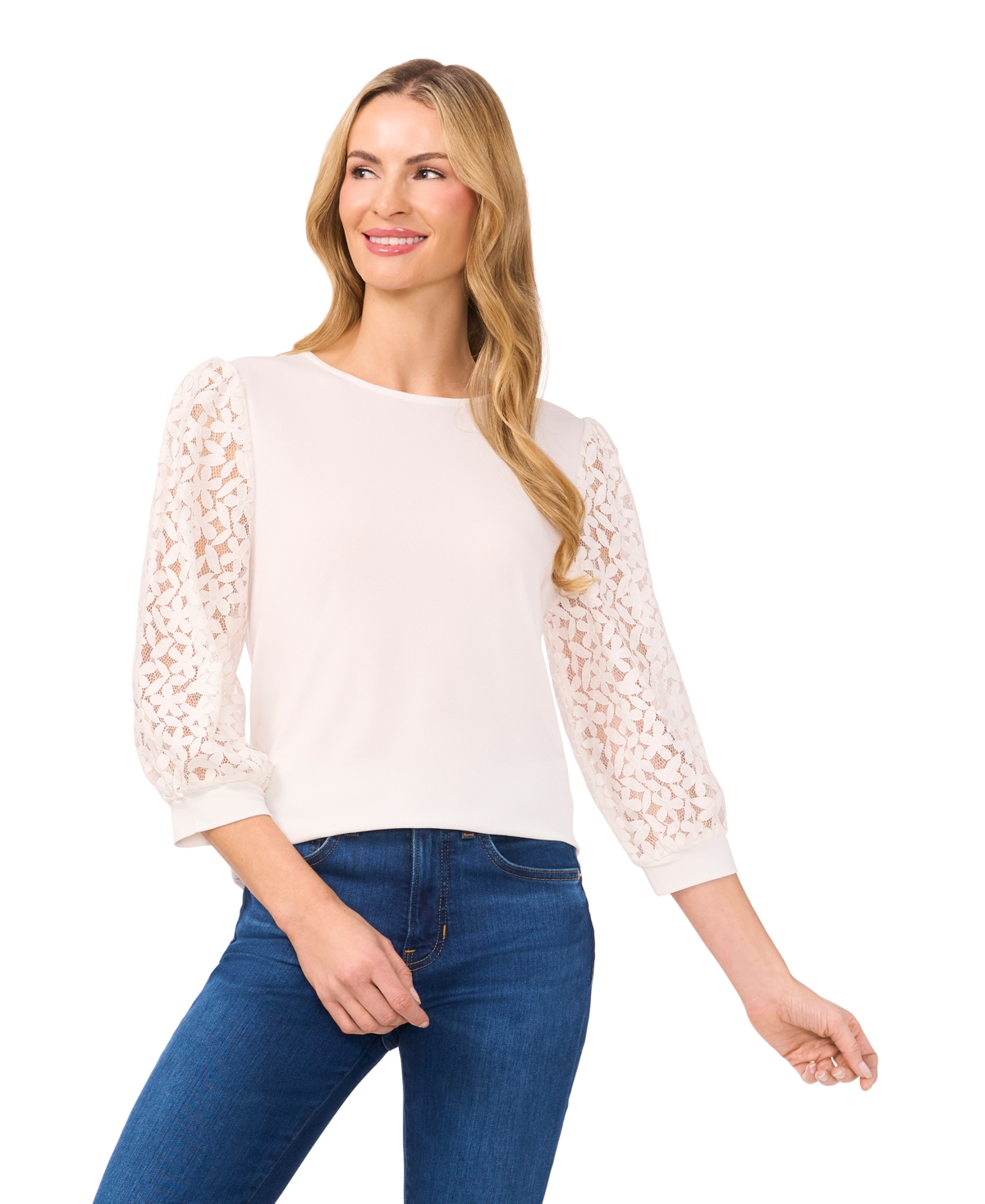 Women's Solid Lace-3/4-Sleeve Knit Crewneck Top - New Ivory