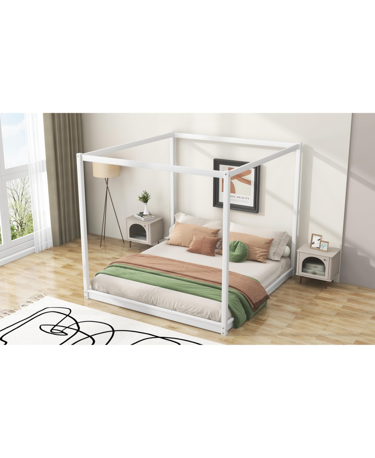 SlickblueKing Size Canopy Platform Bed with Support Legs Elegant Design for Stylish Bedrooms - White