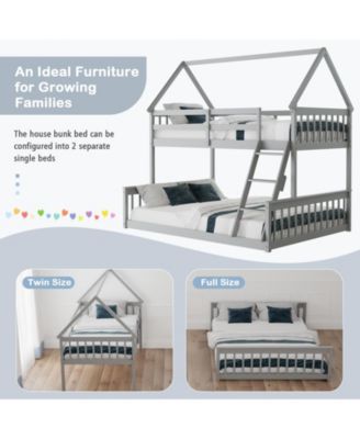 Twin Over Full House Bunk Bed with Ladder and Guardrails-Gray