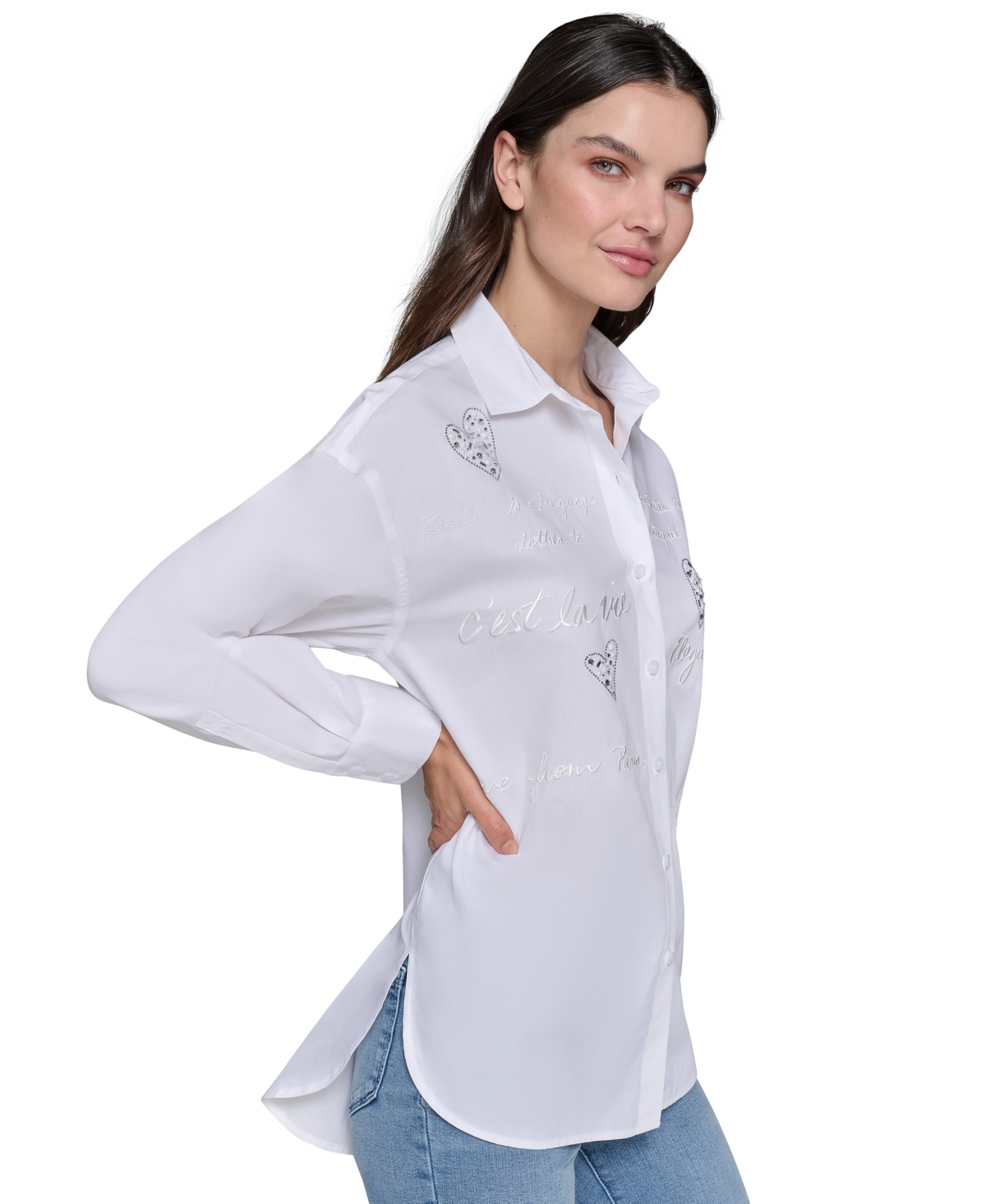 Karl Lagerfeld Paris Women's Poplin Embellished Button-Down Top
