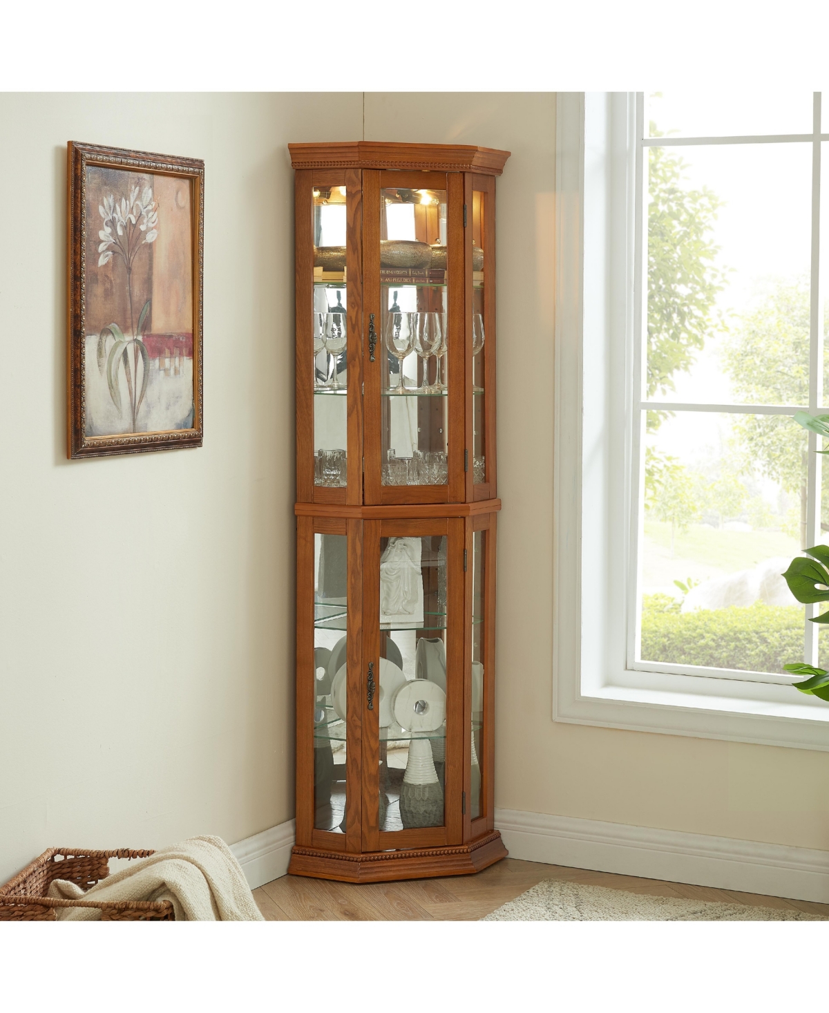 Slickblue Lighted Corner Curio Cabinet with Glass Display Shelves & Tempered Glass Door Elegant Storage Solution