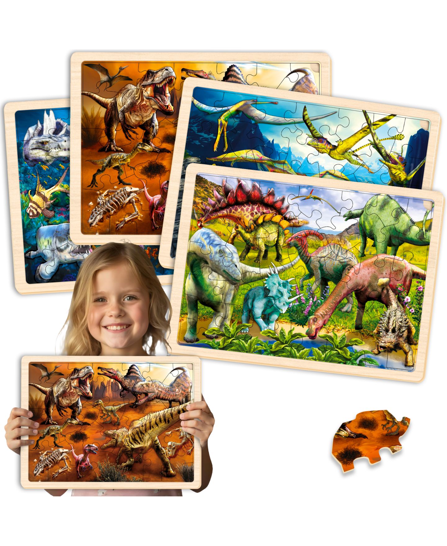 Детские игрушки Quokka Wooden Animal 36-Piece Puzzles, 4-Puzzle Set, Ages 4+, цвет: Dino — фото 1