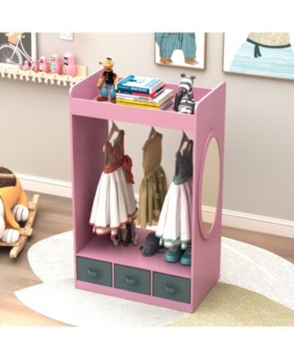 Kids Open Hanging Armoire Closet with Mirror, Costume Organizer Rack, Pink