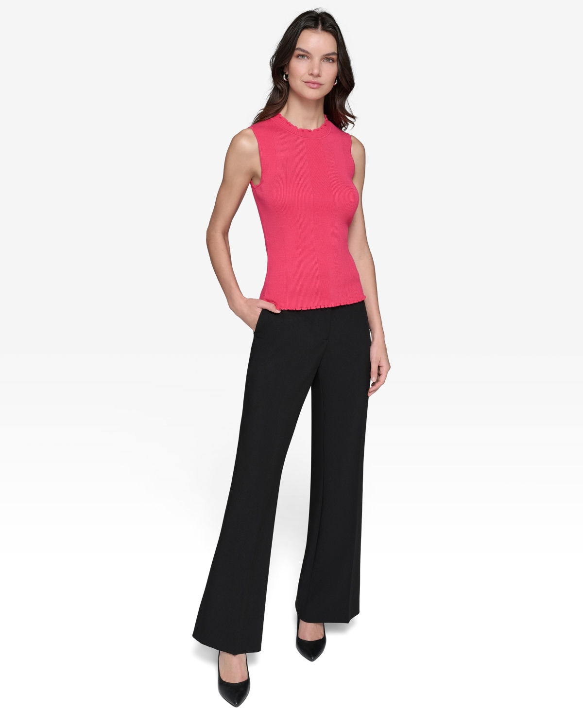 Karl Lagerfeld Paris Women's Ruffled Rib-Knit Sleeveless Top
