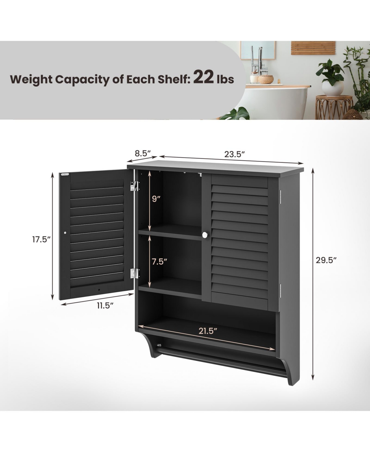 Sugift 2-Doors Bathroom Wall-Mounted Medicine Cabinet with Towel Bar- Black