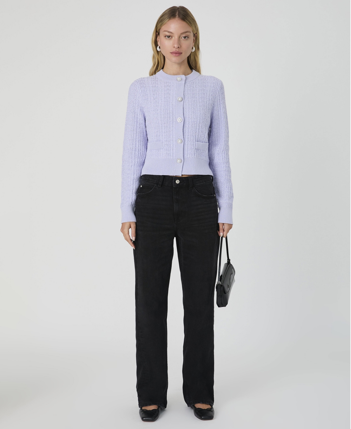 French Connection Lurex Tweed Cardigan In Lavender,silver Lurex